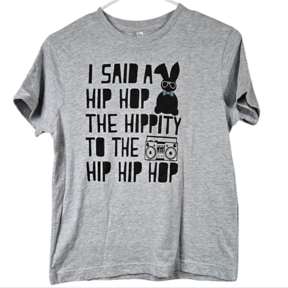 Hippity Hip Hop Bunny Graphic Tee Cute Youth Rabbit Boombox Gray Shirt Youth M